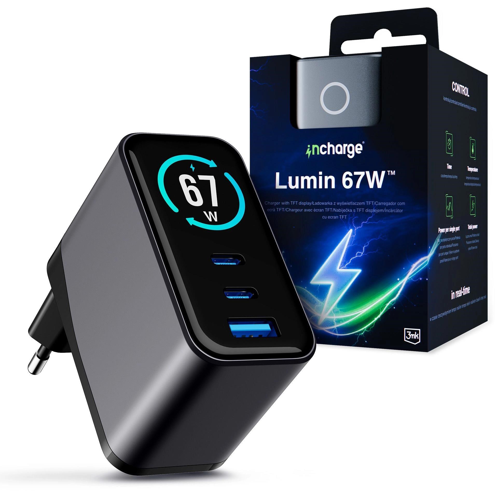 3mk napájecí adaptér InCharge Lumin PD 67W QC4+ PPS AFC FCP SCP 1A2C TFT Display Black/Grey