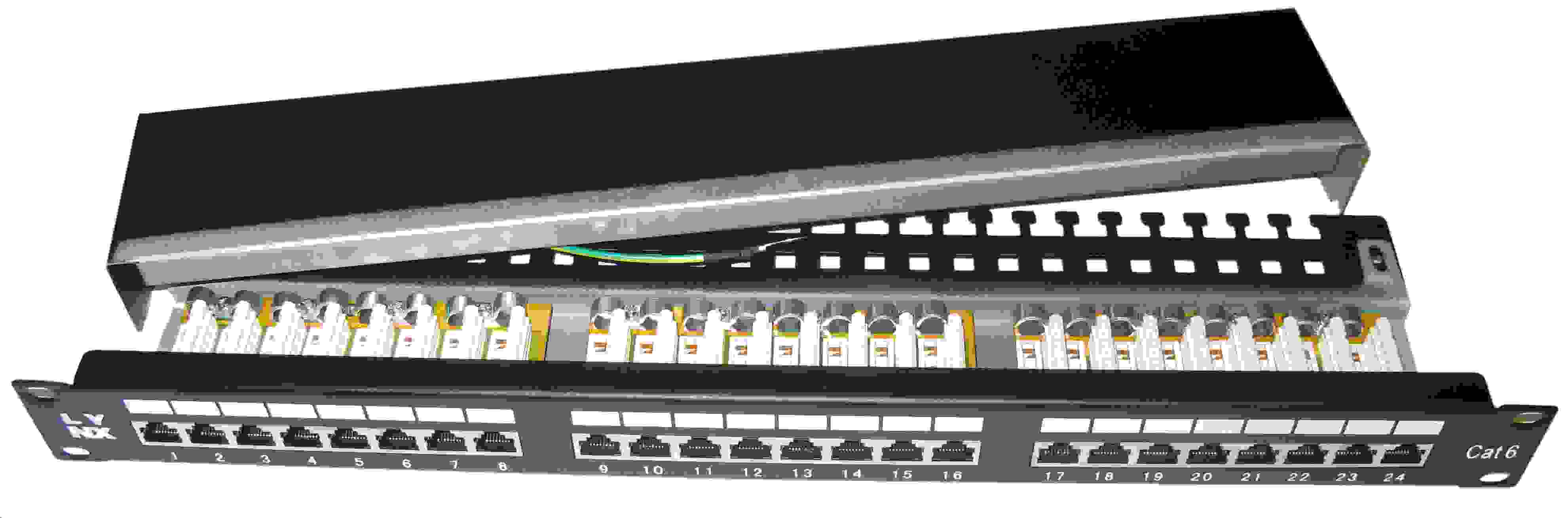19" Patch panel LYNX 24port, STP, Cat6, 30µm, duální svorkovnice, černý