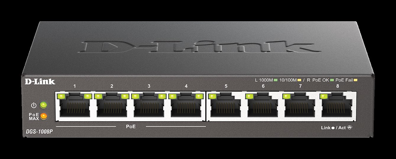D-Link DGS-1008P 8-port Gigabit Desktop Switch, 4 porty jsou PoE+, PoE budget 68W