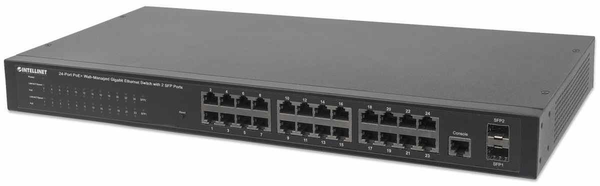 Intellinet 24-Port PoE Web-Managed Gigabit Switch with 2 SFP Ports (180 W), 24 PoE+/PoE ports 802.3at/af