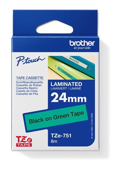BROTHER TZE751 - kazeta TZ šířky 24mm, laminovaná TZE-751, zelená/černé písmo