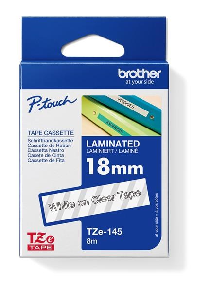 BROTHER TZE145 - kazeta TZ šířky 18mm, laminovaná TZE-145, průsvitná/bílé písmo