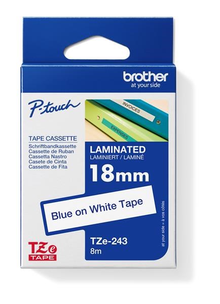 BROTHER TZE243 - kazeta TZ šířky 18mm, laminovaná TZE-243, bílá/modré písmo