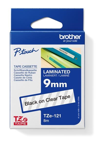 BROTHER TZE121 - kazeta TZ šířky 9mm, laminovaná TZE-121, průsvitná/černé písmo