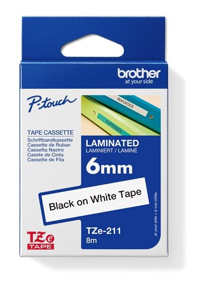 BROTHER TZE211 - kazeta TZ šířky 6mm, laminovaná TZE-211, bílá/černé písmo