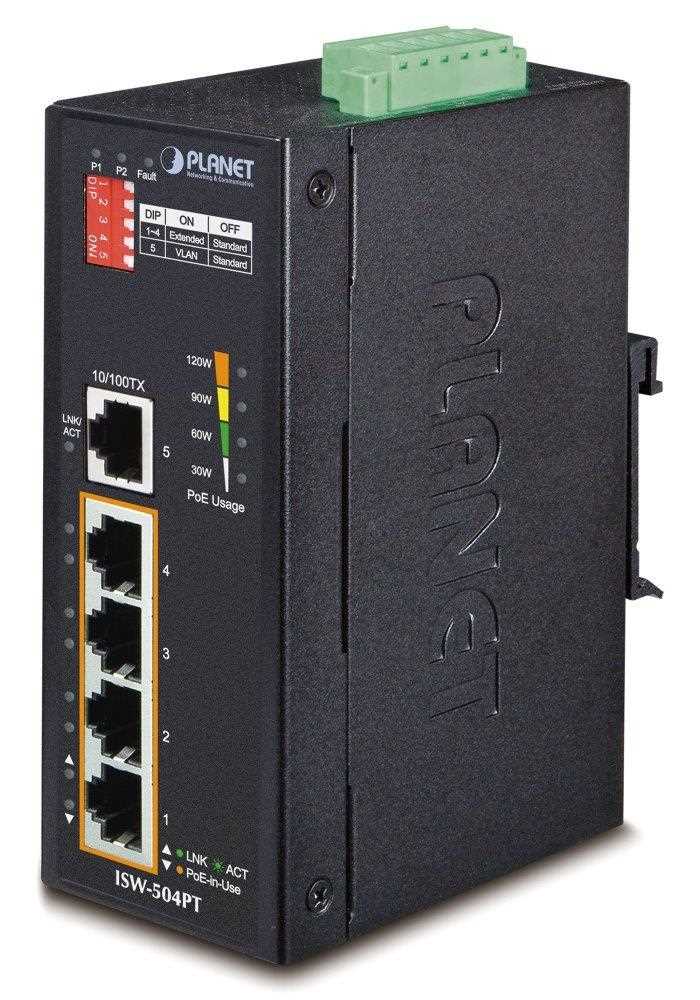 Planet ISW-504PT, 5x 10/100, 4x POE IEEE 802.3af, 60W, DIN, IP30, -40~75 st.C