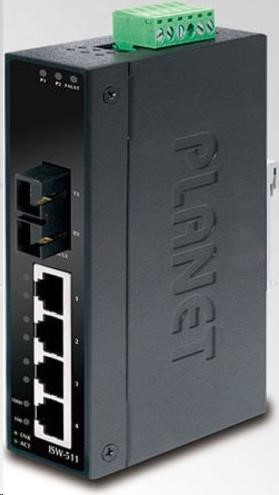 Planet ISW-511, 4x 10/100Base-TX+ 1x 100FX 2km, MM, DIN, IP30