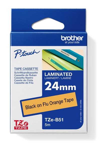 BROTHER TZEB51 - kazeta TZ šířky 24mm, laminovaná TZE-B51, signální oranžová/černé písmo