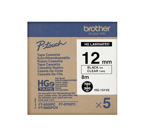 BROTHER HGE-131V5 Labelling Supplies, 12mm Black/Clear (5 pcs Pack) High Grade Tape