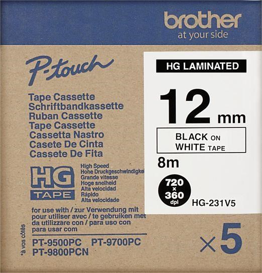 BROTHER HGE-231V5 Labelling Supplies, 12mm Black/White (5 pcs Pack) High Grade Tape