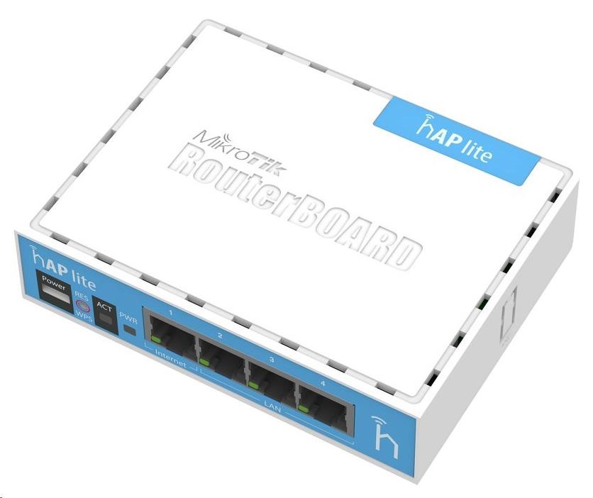 MikroTik hAP Lite (classic), 650MHz CPU, 32MB RAM, 4x LAN, integr. 2.4GHz Wi-Fi, WPS, vč. L4