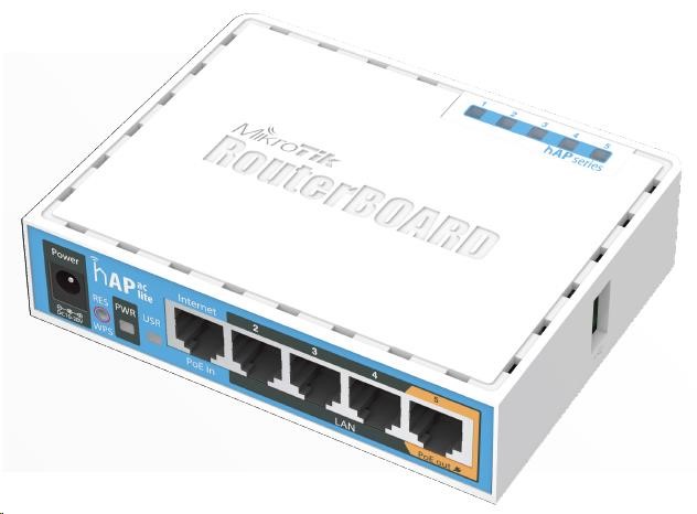 MikroTik hAP ac lite, 650MHz CPU, 64MB RAM, 5x LAN, 2.4 + 5GHz Wi-Fi 802.11b/g/n/ac, vč. L4