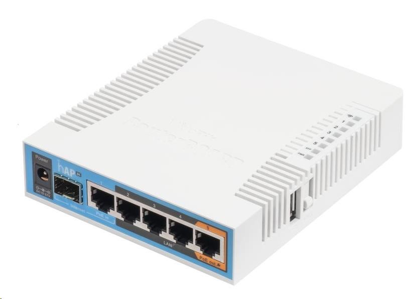 MikroTik hAP ac, 720MHz CPU, 128MB RAM, 5x LAN, 2.4+5GHz,Wi-Fi 802.11b/g/n/ac, SFP slot, vč. L4