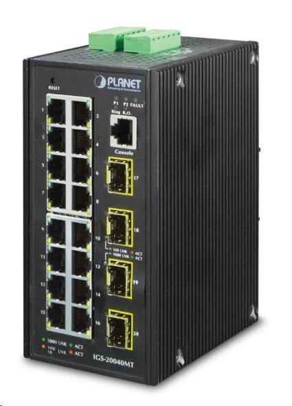Planet IGS-20040MT, 16X 1000BASE-T, 4X SFP, DIN, IP30, -40 AŽ 75°C, WEB/SNMPV3, VLAN, IGMPV3, ESD+EFT, IPV6