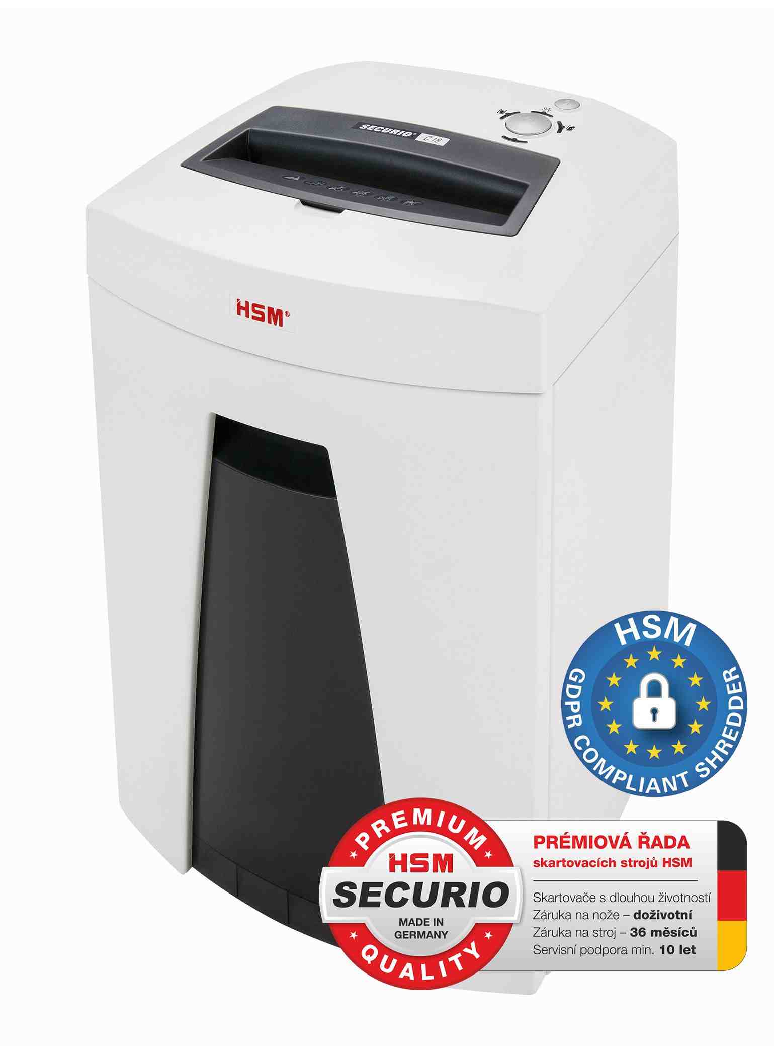 HSM skartovač Securio C18 (řez: Kombinovaný 3,9x30mm | vstup: 230mm | DIN: P-4 (3) | papír, sponky, plast. karty )