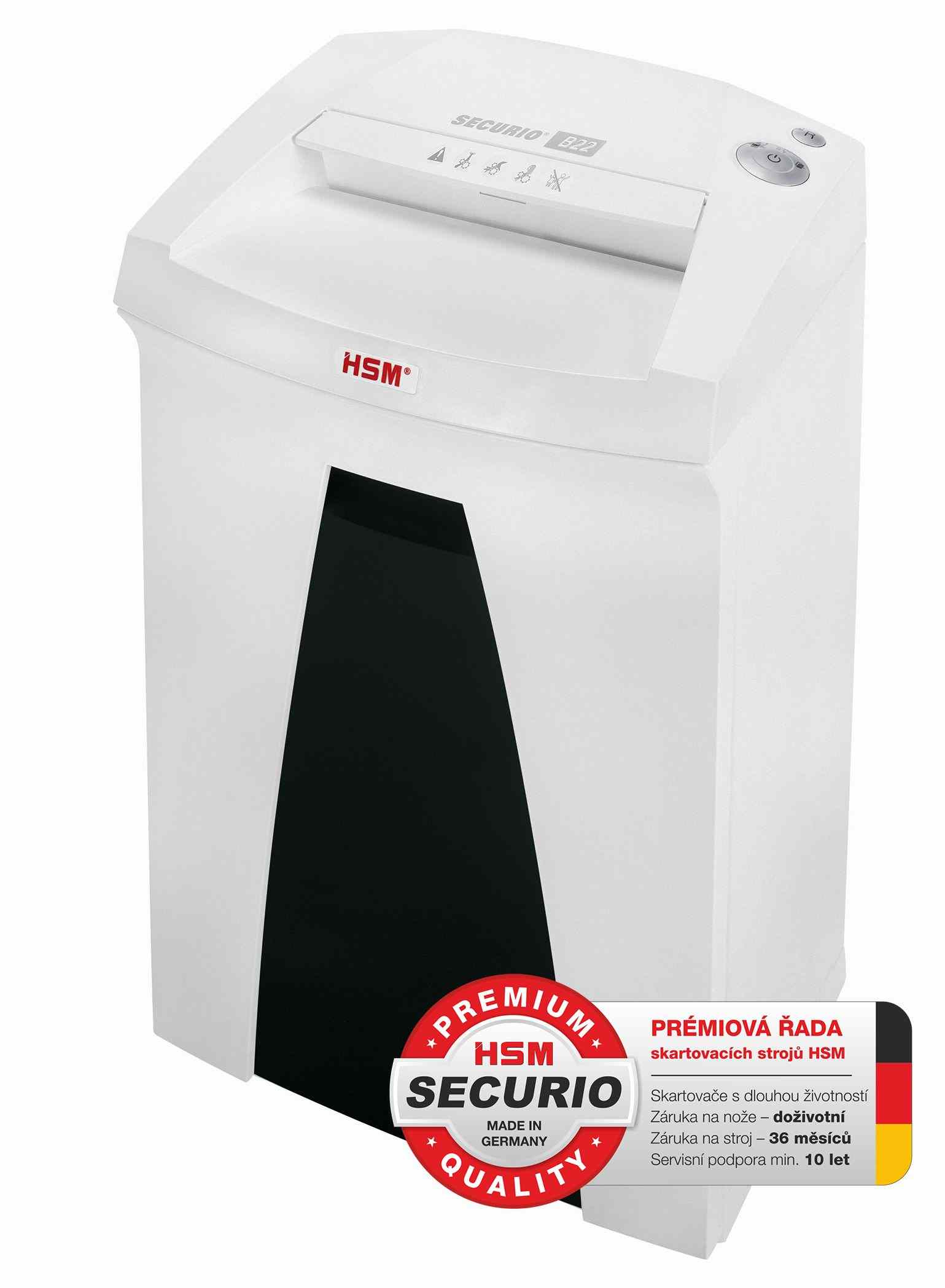 HSM skartovač Securio B22 (řez: Podélný 3.9mm | vstup: 240mm | DIN: P-2 (2) | papír, sponky, plast. karty )