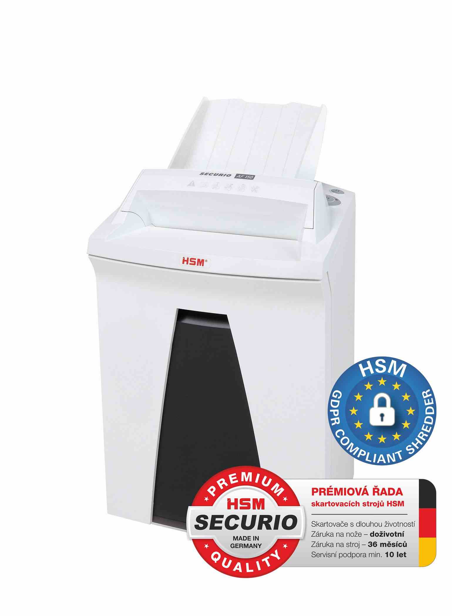 HSM skartovač Securio AF150 (řez: Kombinovaný 4,5x30mm | vstup: 240mm | DIN: P-4 (3) | papír, sponky, plast. karty, CD)