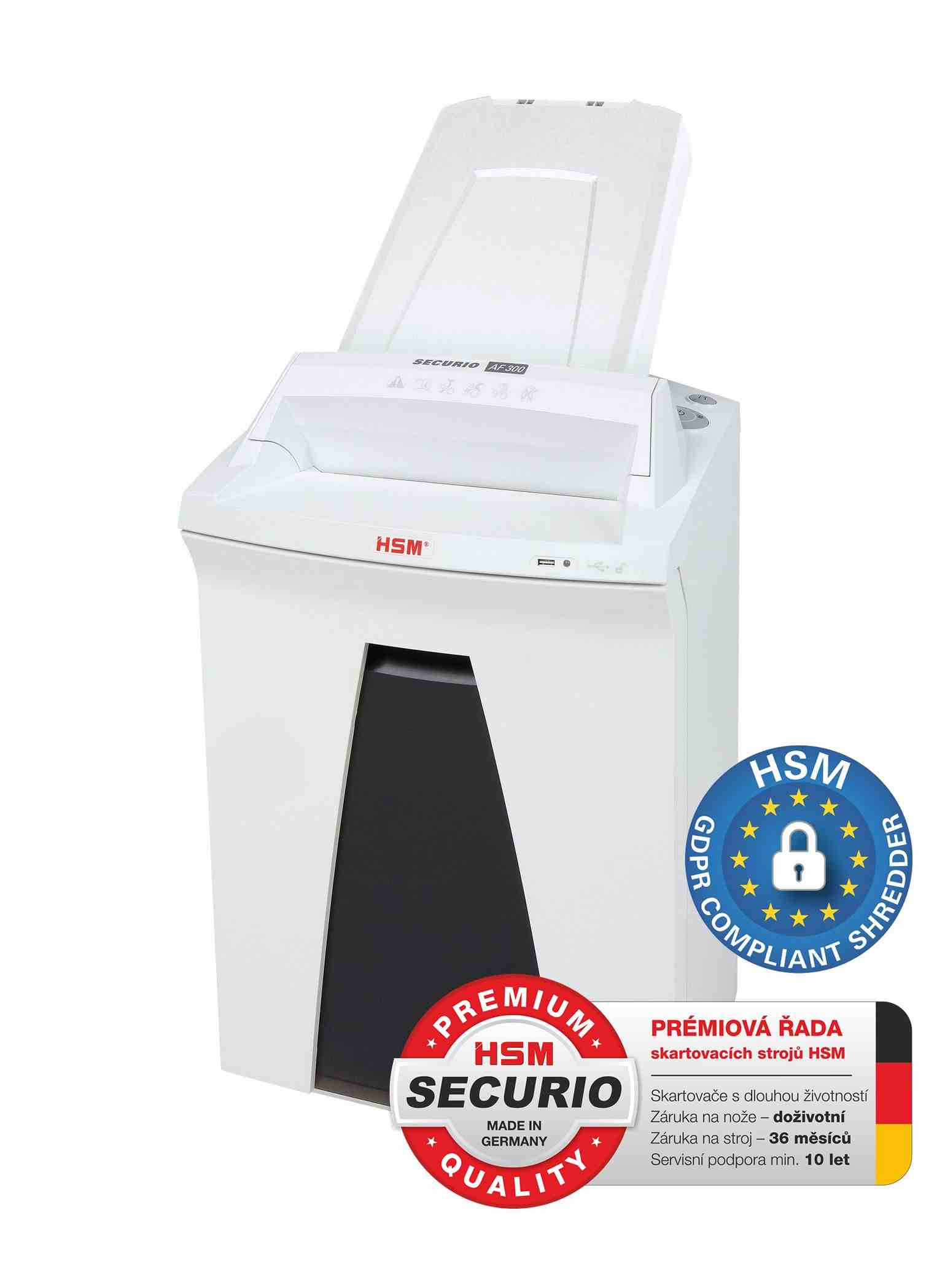 HSM skartovač Securio AF300 (řez: Kombinovaný 4,5x30mm | vstup: 240mm | DIN: P-4 (3) | papír, sponky, plast. karty, CD)