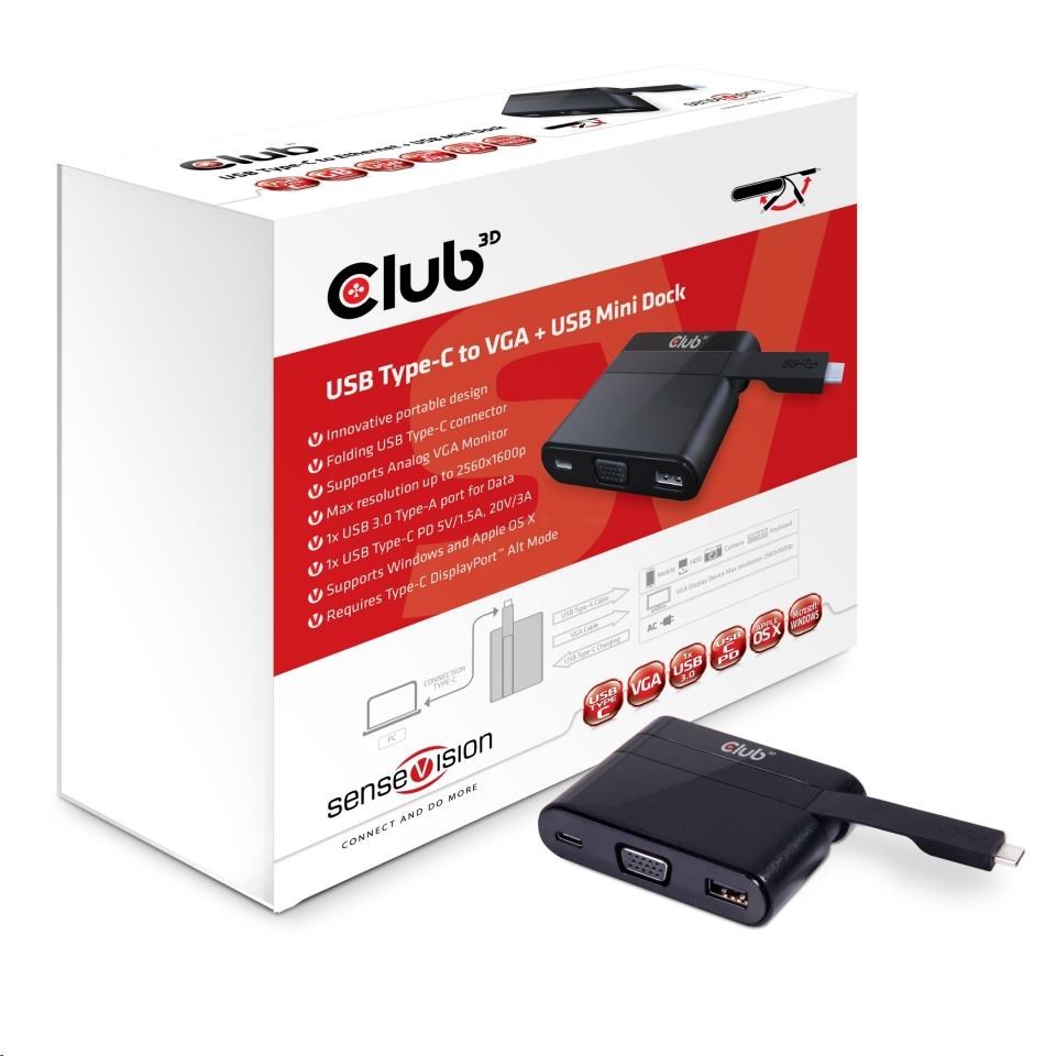 Club3D Dokovací stanice USB-C 3v1, 1xVGA, 1xUSB-C, 1xUSB, černá