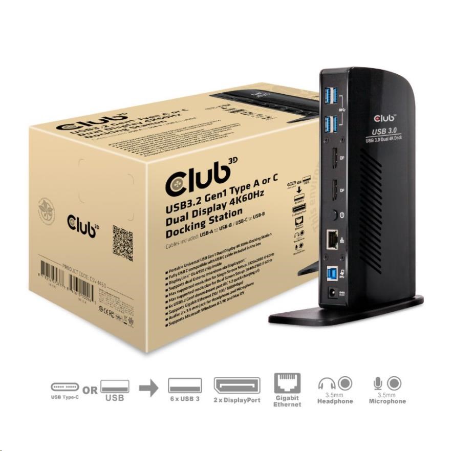 Club3D Dokovací stanice USB-A nebo USB-C, 10v1 2xDP, 6xUSB, 1xRJ45, 1x3.5mm, černá