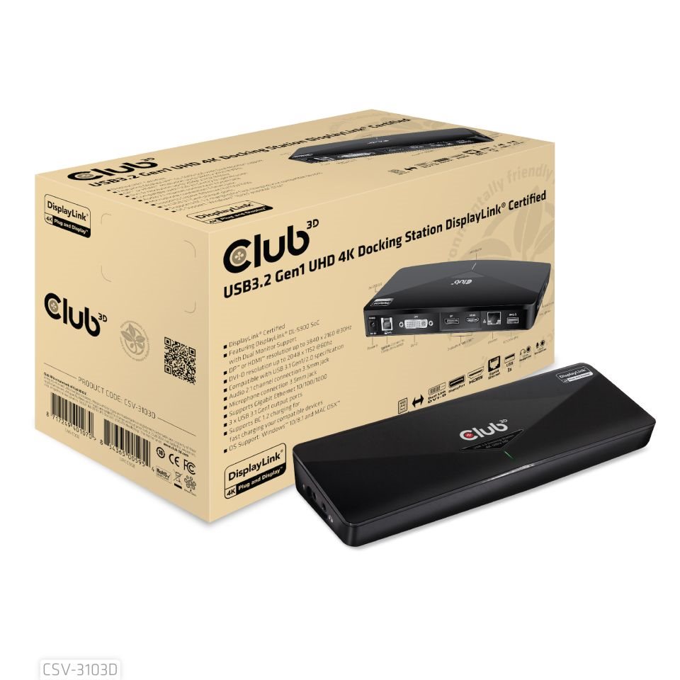 Club3D Dokovací stanice USB-A 8v1, 1xDP, 1xHDMI, 1xDVI-D, 3xUSB, 1xRJ45, 1x3.5mm, černá