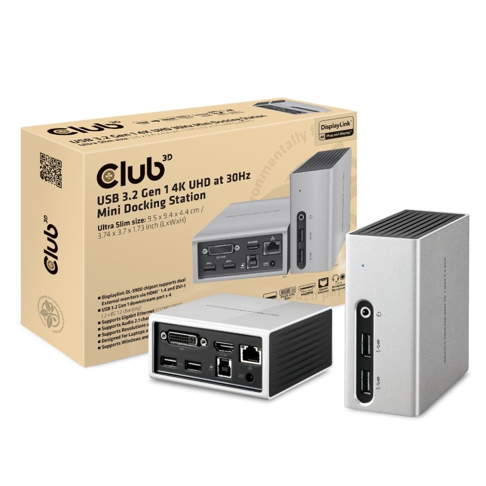 Club3D Dokovací stanice USB-A 8v1, 1xHDMI, 1xDVI, 4xUSB, 1xRJ45, 1x3.5mm, šedá